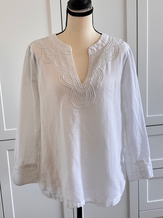 Tops - Vineyard Vines White Beaded Linen Tunic Top | Size M | Long Sleeve | White-on-Wh